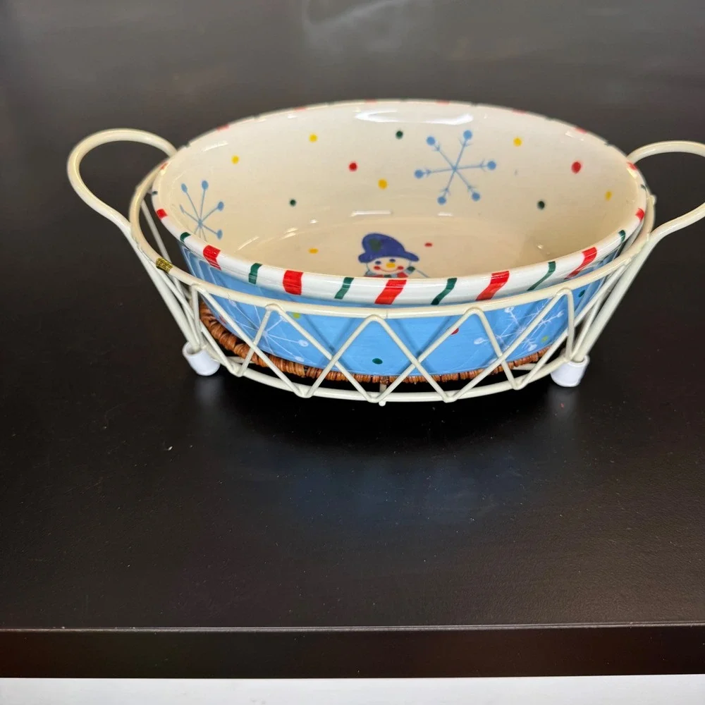 Temp-tations Oval Baker Dish Small Blue Snowman Holiday Christmas Wire Rack